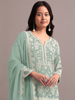 Rajwada Light Green Georgette Embroidered Semi-Sitched Kurta Set For Women