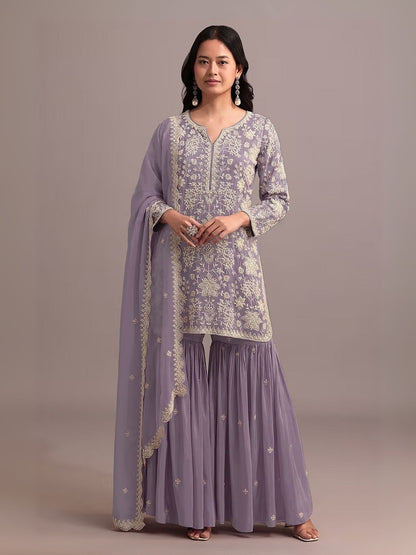 Rajwada Lavender Georgette Embroidered Semi-Sitched Kurta Set For Women