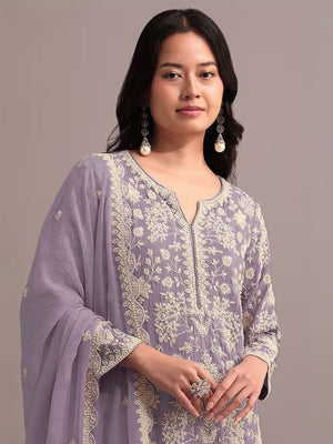 Rajwada Lavender Georgette Embroidered Semi-Sitched Kurta Set For Women