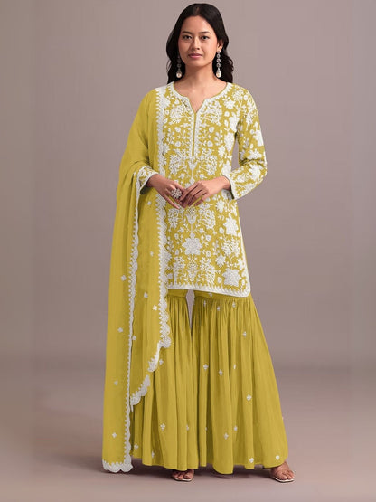 Rajwada Yellow Georgette Embroidered Semi-Sitched Kurta Set For Women