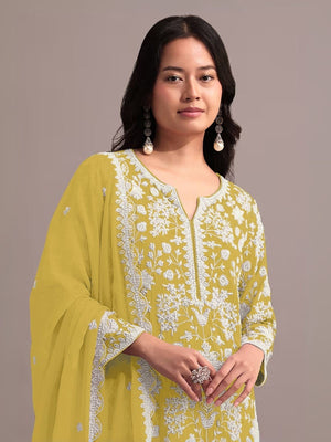 Rajwada Yellow Georgette Embroidered Semi-Sitched Kurta Set For Women