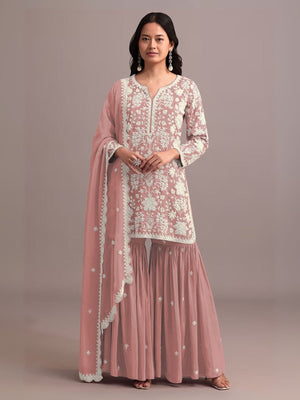 Rajwada Peach Georgette Embroidered Semi-Sitched Kurta Set For Women