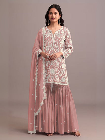 Rajwada Peach Georgette Embroidered Semi-Sitched Kurta Set For Women