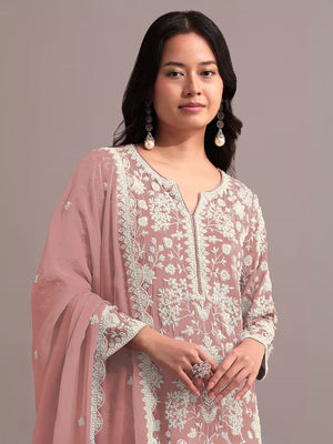 Rajwada Peach Georgette Embroidered Semi-Sitched Kurta Set For Women