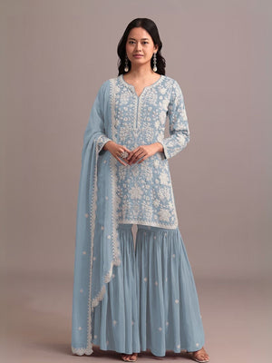 Rajwada Sky Blue Georgette Embroidered Semi-Sitched Kurta Set For Women