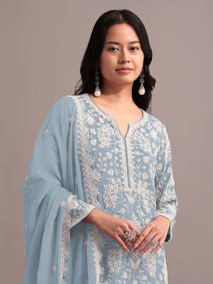 Rajwada Sky Blue Georgette Embroidered Semi-Sitched Kurta Set For Women
