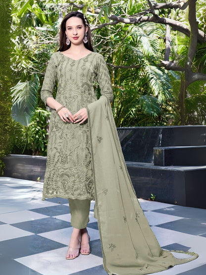 Rajwada Light Green Georgette Embroidered & Cutwork Semi-Sitched Kurta Set For Women