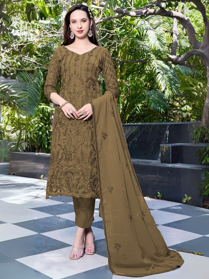 Rajwada Olive Georgette Embroidered & Cutwork Semi-Sitched Kurta Set For Women