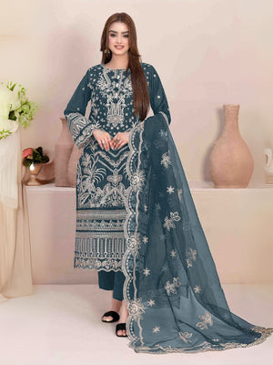 Rajwada Teal Blue Georgette Embroidered & Cutwork Semi-Sitched Kurta Set For Women