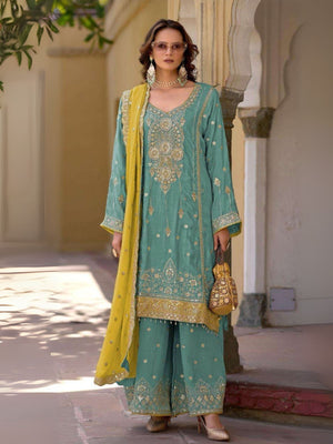 Rajwada Sky Blue Chinon Embroidered Semi-Sitched Kurta Set For Women