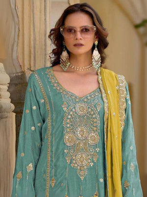 Rajwada Sky Blue Chinon Embroidered Semi-Sitched Kurta Set For Women