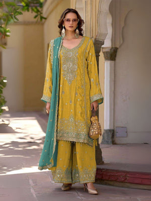 Rajwada Yellow Chinon Embroidered Semi-Sitched Kurta Set For Women