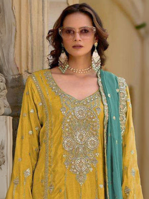 Rajwada Yellow Chinon Embroidered Semi-Sitched Kurta Set For Women