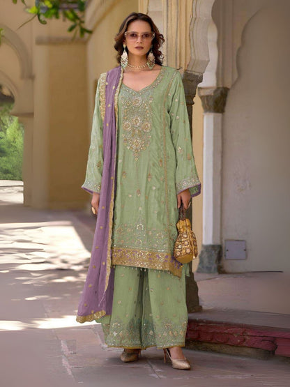 Rajwada Light Green Chinon Embroidered Semi-Sitched Kurta Set For Women