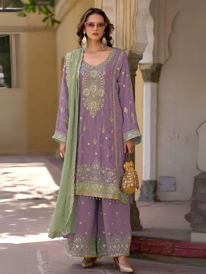 Rajwada Lavender Chinon Embroidered Semi-Sitched Kurta Set For Women