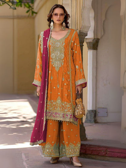 Rajwada Orange Chinon Embroidered Semi-Sitched Kurta Set For Women