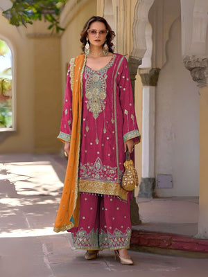 Rajwada Pink Chinon Embroidered Semi-Sitched Kurta Set For Women
