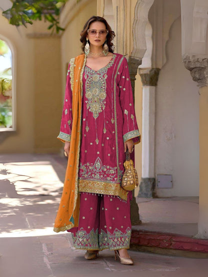 Rajwada Pink Chinon Embroidered Semi-Sitched Kurta Set For Women