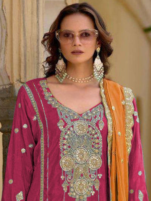 Rajwada Pink Chinon Embroidered Semi-Sitched Kurta Set For Women