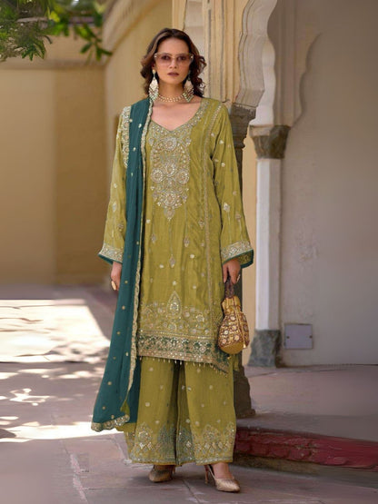 Rajwada Lime Green Chinon Embroidered Semi-Stitched Kurta Set For Women