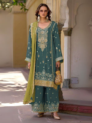 Rajwada Teal Chinon Embroidered Semi-Sitched Kurta Set For Women