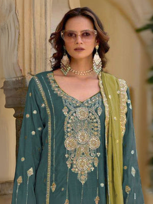 Rajwada Teal Chinon Embroidered Semi-Sitched Kurta Set For Women