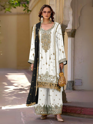 Rajwada White Chinon Embroidered Semi-Sitched Kurta Set For Women