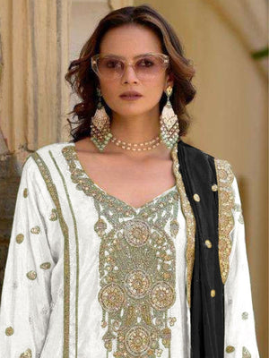 Rajwada White Chinon Embroidered Semi-Sitched Kurta Set For Women