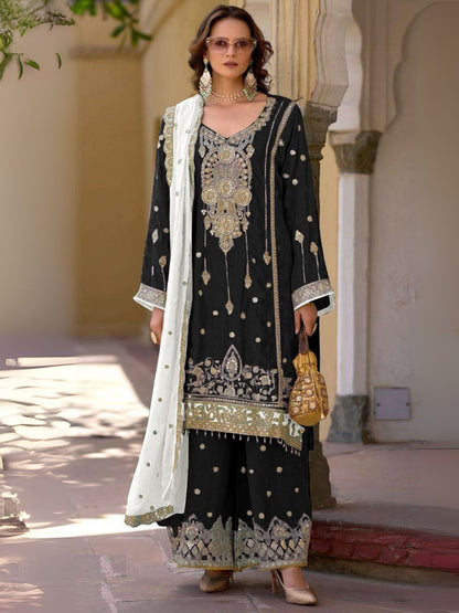 Rajwada Black Chinon Embroidered Semi-Sitched Kurta Set For Women