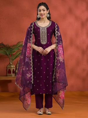 Rajwada Wine Silk Blend Embroidered Semi-Sitched Kurta Set For Women