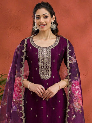 Rajwada Wine Silk Blend Embroidered Semi-Sitched Kurta Set For Women