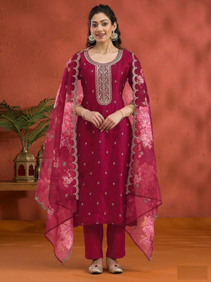 Rajwada Red Silk Blend Embroidered Semi-Sitched Kurta Set For Women
