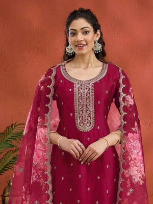 Rajwada Red Silk Blend Embroidered Semi-Sitched Kurta Set For Women