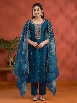 Rajwada Teal Blue Silk Blend Embroidered Semi-Sitched Kurta Set For Women