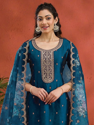 Rajwada Teal Blue Silk Blend Embroidered Semi-Sitched Kurta Set For Women