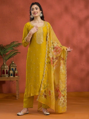 Rajwada Yellow Silk Blend Embroidered Semi-Sitched Kurta Set For Women