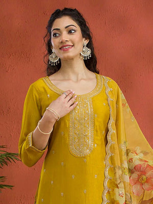 Rajwada Yellow Silk Blend Embroidered Semi-Sitched Kurta Set For Women