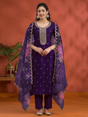 Rajwada Purple Silk Blend Embroidered Semi-Stitched Kurta Set For Women
