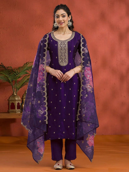 Rajwada Purple Silk Blend Embroidered Semi-Stitched Kurta Set For Women