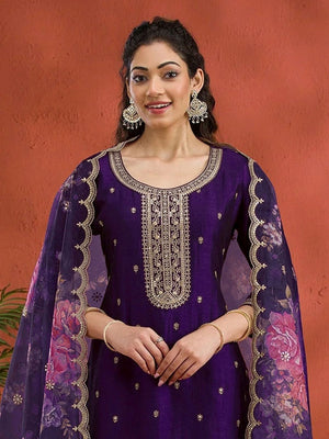 Rajwada Purple Silk Blend Embroidered Semi-Stitched Kurta Set For Women