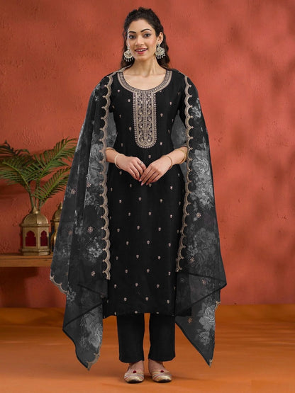 Rajwada Black Silk Blend Embroidered Semi-Sitched Kurta Set For Women
