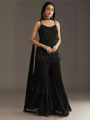 Rajwada Black Georgette Embroidered Semi-Sitched Kurta Set For Women