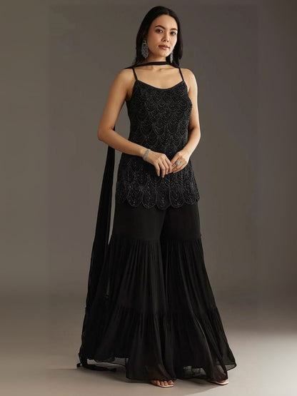 Rajwada Black Georgette Embroidered Semi-Sitched Kurta Set For Women