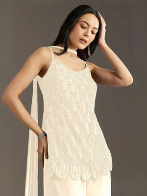 Rajwada White Georgette Embroidered Semi-Sitched Kurta Set For Women