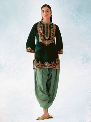 Rajwada Dark Green Velvet Embroidered Semi-Sitched Kurta Set For Women