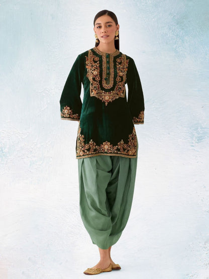 Rajwada Dark Green Velvet Embroidered Semi-Sitched Kurta Set For Women
