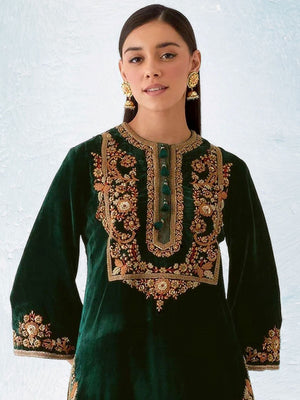 Rajwada Dark Green Velvet Embroidered Semi-Sitched Kurta Set For Women
