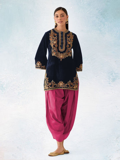 Rajwada Dark Blue Velvet Embroidered Semi-Sitched Kurta Set For Women