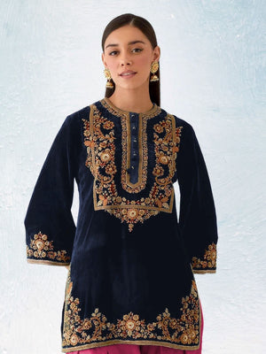 Rajwada Dark Blue Velvet Embroidered Semi-Sitched Kurta Set For Women