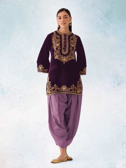Rajwada Purple Velvet Embroidered Semi-Sitched Kurta Set For Women